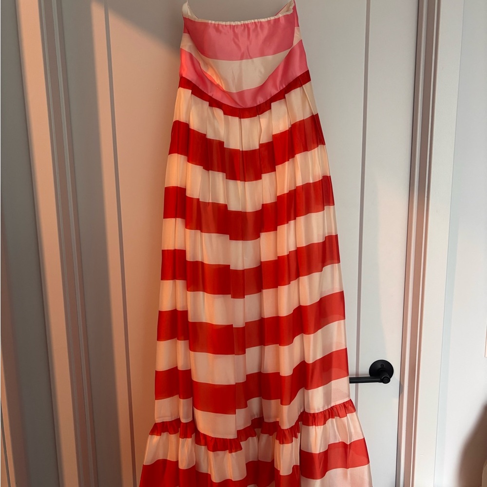 Mac Duggal Pink, Orange, White Striped strapless gown